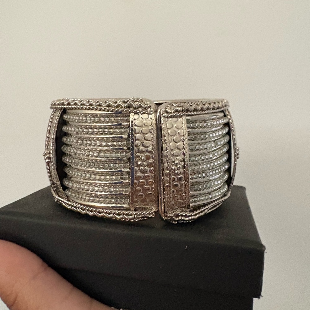 Silver Textured Cuff Bracelet with Black Accent